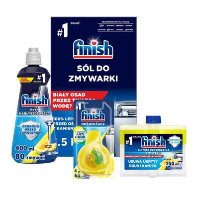 Zestaw FINISH (Nabłyszczacz do zmywarek Shine Protect Cytrynowy 400 ml + Sól do zmywarek 1.5 kg + Płyn do czyszczenia zmywarek Lemon 250 ml + Odświeżacz do zmywarek Cytryna i limonka)