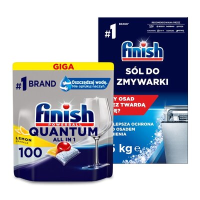 Kapsułki do zmywarek FINISH Powerball Quantum All in 1 Lemon - 100 szt. + Sól do zmywarek FINISH - 1.5 kg