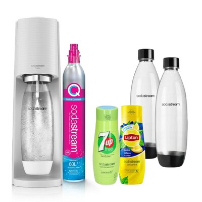 Saturator SODASTREAM Terra Biały + Butelka SODASTREAM Fuse Czarny (2 sztuki) + Syropy SODASTREAM 7UP Zero bez cukru, Lipton Ice Tea Cytryna 2 x 440 ml