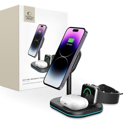 Ładowarka indukcyjna TECH-PROTECT QI15W-A27 3w1 Magnetic Czarny Qi MagSafe