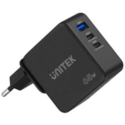 Ładowarka sieciowa UNITEK 1117B GaN 65W Czarny + 2 adaptery sieciowe (EU/UK) ładowarka do telefonu USB USB-C