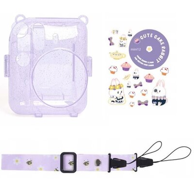 Pokrowiec LOVEINSTANT SB7953 do FujiFilm Instax Mini 12 Fioletowy Brokat + Naklejki