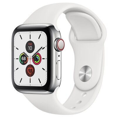 APPLE Watch 5 GPS + Cellular 40mm koperta ze stali nierdzewnej (srebrny) + pasek sportowy (biały)