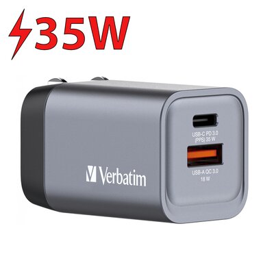 Ładowarka sieciowa VERBATIM GNC-35 GaN 35W + Adapter EU/UK/US Szary