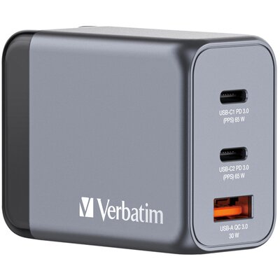 Ładowarka sieciowa VERBATIM GNC-65 GaN 65W + Adapter EU/UK/US Szary