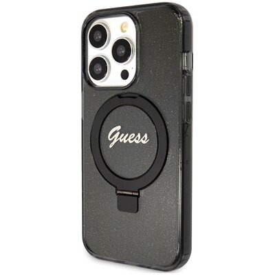Etui GUESS Ring Stand Script Glitter MagSafe do Apple iPhone 15 Pro Czarny