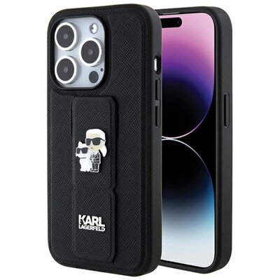 Etui KARL LAGERFELD Gripstand Saffiano Karl & Choupette Pins do Apple iPhone 15 Pro Czarny