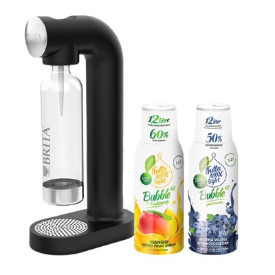 Saturator BRITA Sodaone Czarny + Syropy FRUTTAMAX Light Mango, Borówka bez cukru 2 x 500 ml