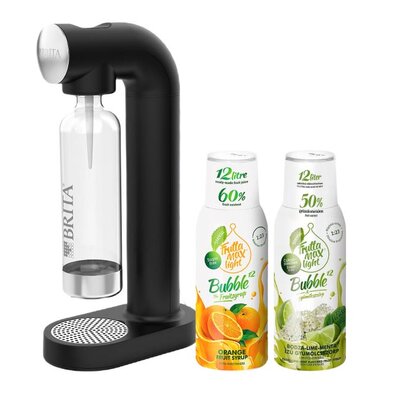 Saturator BRITA Sodaone Czarny + Syropy FRUTTAMAX Light Limonka Mięta, Pomarańcza bez cukru 2 x 500 ml