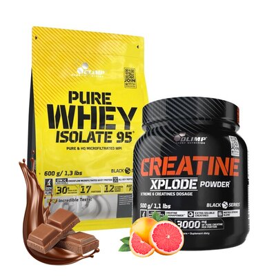 Odżywka białkowa OLIMP Pure Whey Isolate 95 Czekoladowy (600 g) + Kreatyna OLIMP Xplode Powder Grejpfrutowy (500 g)