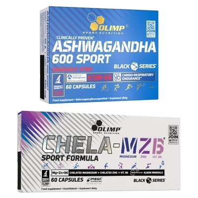 Obraz przedstawiający Kompleks witamin OLIMP Chela-MZB Sport Formula Mega Caps (60 kapsułek) + Adaptogen OLIMP Ashwagandha 600 Sport (60 kapsułek)