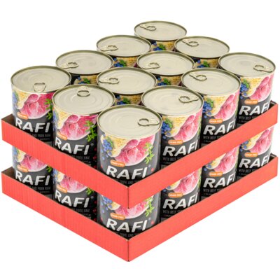 Karma dla psa RAFI z żołądkami wołowymi, szynką wieprzową z borówką i żurawiną 24 x 800 g