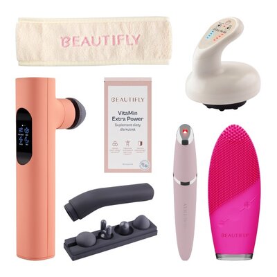 Pistolet do masażu BEAUTIFLY Gun Fitness Vitality Vibes + Masażer BEAUTIFLY B-Modello + Szczoteczka do twarzy BEAUTIFLY B Fresh Slim + Masażer do oczu BEAUTIFLY B-Sensi + Suplement diety BEAUTIFLY Vitamin Extra Power + Opaska zabiegowa BEAUTIFLY