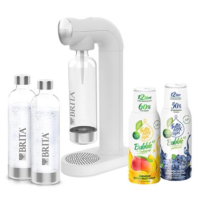 Saturator BRITA Sodaone Biały + Syropy FRUTTAMAX Light bez cukru Mango, Borówka 2 x 500 ml + Butelka BRITA SodaOne (3 sztuki)