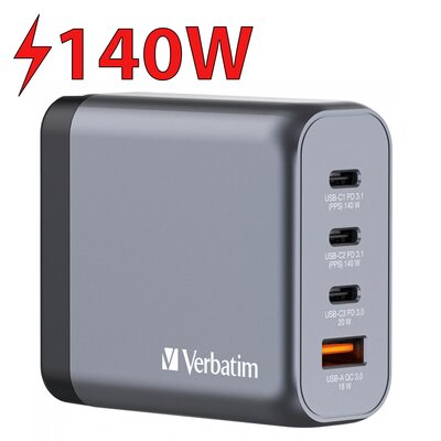 Ładowarka sieciowa VERBATIM GNC-140 GaN 140W + Adapter EU/UK/US Szary