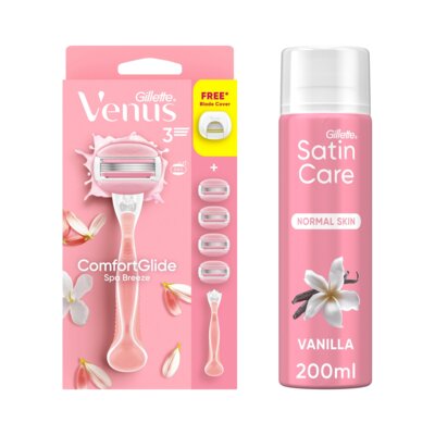 Golarka GILLETTE Venus Comfort Glide + 4 ostrza + Żel do golenia GILLETTE Satin Care Vanilia Scent 200 ml