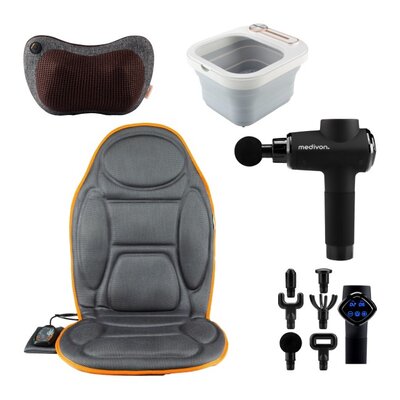 Mata masująca MEDIVON Cosy Mesh + Pistolet do masażu MEDIVON Gun Pro X + Masażer do stóp MEDIVON Aqua Lux + Masażer do karku MEDIVON Travel