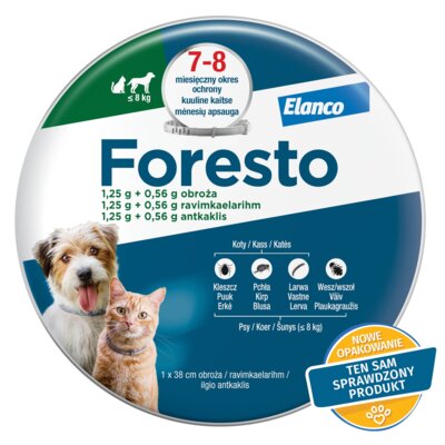 Obroża FORESTO przeciw kleszczom i pchłom dla psów i kotów do 8 kg (38 cm) Ochrona przez 32 tygodnie