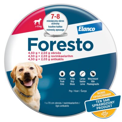 Obroża FORESTO przeciw kleszczom i pchłom dla psów powyżej 8 kg (70 cm) Ochrona przez 32 tygodnie