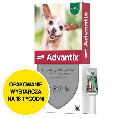 Krople na pchły i kleszcze ELANCO Advantix Spot-on Bardzo małe psy (do 4 kg) 4 x 0.4 ml Ochrona przez 16 tygodni