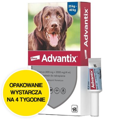 Krople na pchły i kleszcze ADVANTIX Spot-on Duże psy (25-40 kg) 4 ml Ochrona przez 4 tygodnie