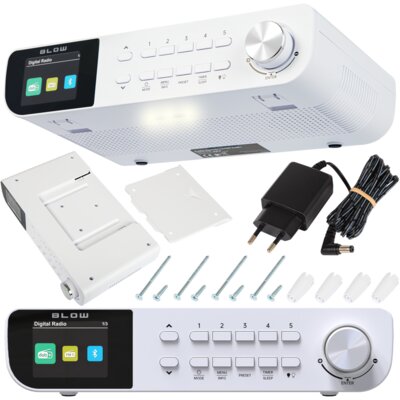 Radio BLOW RK1 Białe, Podszawkowe, Tuner FM/DAB+, Bluetooth, Kolorowy Wyświetlacz, Budzik, Oświetlenie LED, Zasilanie Sieciowe