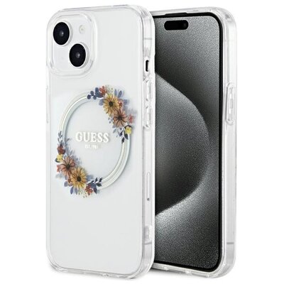Etui GUESS IML Flowers Wreath MagSafe do Apple iPhone 15 Przezroczysty