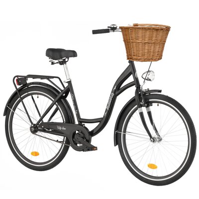 Rower miejski INDIANA Moena S1B 26 cali damski Czarny + Koszyk wiklinowy na rower VÖGEL VKS-502 Stylowy