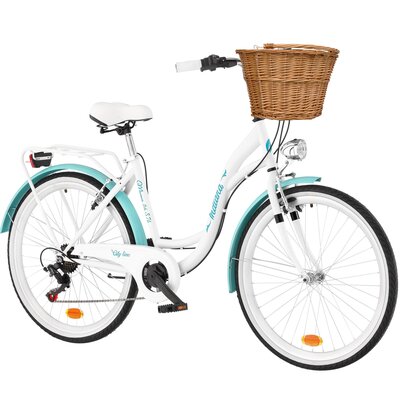 Rower miejski INDIANA Moena S7B 26 cali damski Biało-lazurowy + Koszyk wiklinowy na rower VÖGEL VKS-502 Stylowy