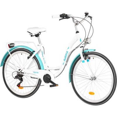 Rower miejski INDIANA Moena S7B 26 cali damski Biało-lazurowy + Koszyk na rower VÖGEL VKS-102WH Stalowy