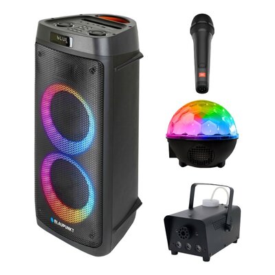 Zestaw do karaoke (Power audio BLAUPUNKT PB05DB + Mikrofon JBL PBM100 + Kula świetlna MUSICMATE AB69S + Wytwornica dymu MUSICMATE DM-1)