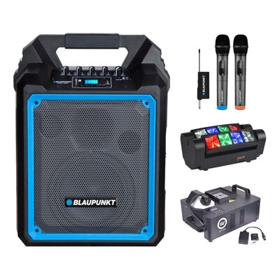 Zestaw do karaoke (Power audio BLAUPUNKT MB06 + Mikrofon BLAUPUNKT WM60UDB (2 szt.) + Reflektor LIGHT4ME Spider MkII Turbo + Wytwornica dymu LIGHT4ME Jet 2000)