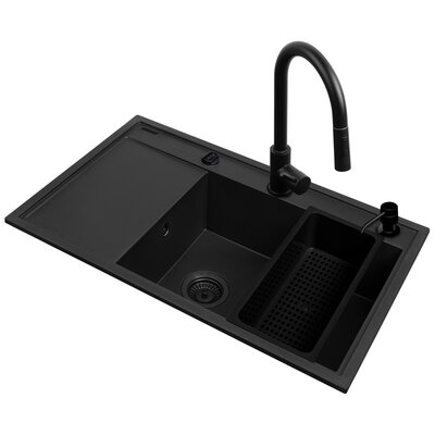Zlewozmywak PYRAMIS Camea 1B1D R + bateria + wkładka ociekowa + dozownik Czarny