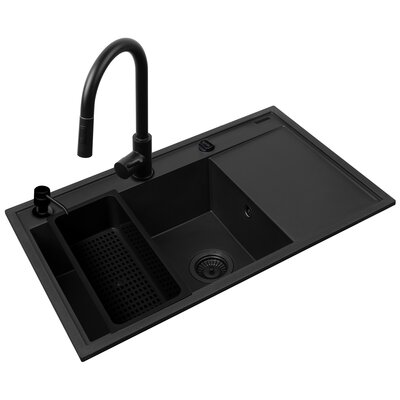 Zlewozmywak PYRAMIS Camea 1B1D L + bateria + wkładka ociekowa + dozownik Czarny