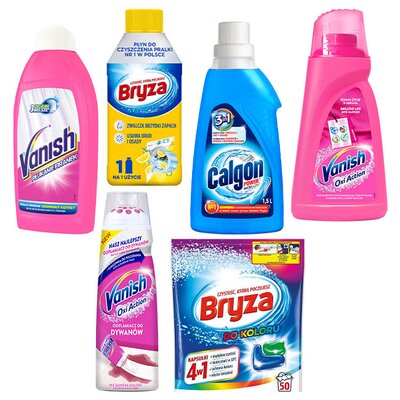 Kapsułki do prania BRYZA 4 w1 Color + Odplamiacz do prania VANISH Oxi Action + Odkamieniacz do pralki CALGON Power + Płyn do czyszczenia pralki BRYZA + Płyn do płukania VANISH + Odplamiacz do dywanów VANISH Oxi Action