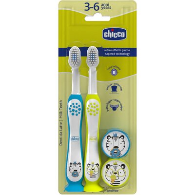 Szczoteczka do zębów CHICCO Tiger-Panda 3-6 l (2 sztuki) Niebieski i zielony