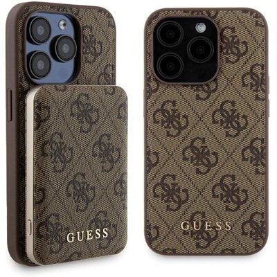 Etui GUESS 4G Metal Logo do Apple iPhone 15 Pro Max + Powerbank 5000mAh MagSafe Brązowy
