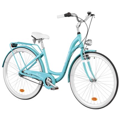 Rower miejski INDIANA Moena A7B 28 cali damski Lazurowy + Koszyk na rower VÖGEL VKS-105 Stalowy