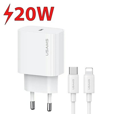 Ładowarka sieciowa USAMS T65 OYXLTZ02 20W Biały + Kabel UBS-C - Lightning