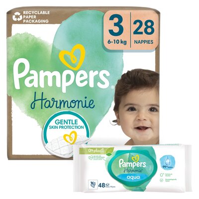 Pieluchomajtki PAMPERS Harmonie Baby 3 (28 szt.) + Chusteczki nawilżane PAMPERS Harmonie Aqua (48 szt.)