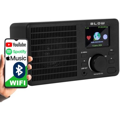 Radio BLOW RI1 Czarne, Przenośne, Internetowe, Wi-Fi, Bluetooth, Kolorowy Wyświetlacz, Budzik, Alarm, Zasilanie Sieciowe