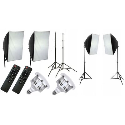 Zestaw dwóch lamp z żarówkami LED E27, statywami, softboxami i pilotem XREC 10w1 LED803, 3000-6500K