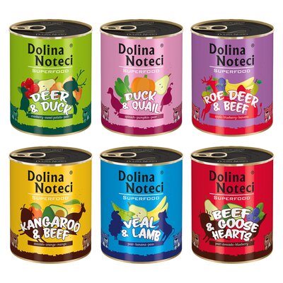 Karma dla psa DOLINA NOTECI Superfood Mix smaków z wołowiną i sercami gęsi, cielęciną i jagnięciną, kangurem i wołowiną, sarną i wołowiną, kaczką i przepiórką, jeleniem i kaczką 6 x 800 g