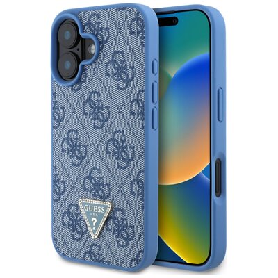 Etui GUESS Leather 4G Triangle Strass MagSafe do Apple iPhone 16 Niebieski