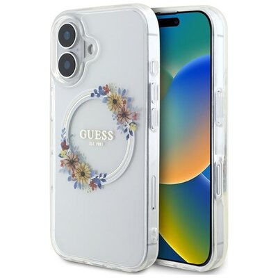 Etui GUESS IML Flowers Wreath MagSafe do Apple iPhone 16 Przezroczysty