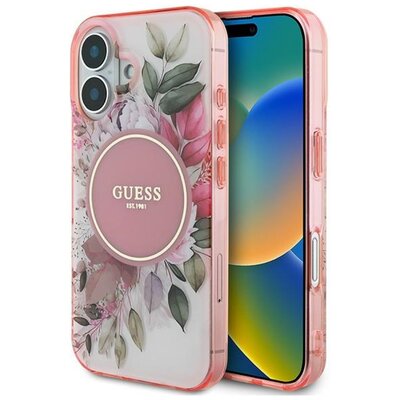 Etui GUESS IML Flower & Tonal Circle MagSafe do Apple iPhone 16 Różowy