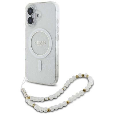 Etui GUESS IML Glitter With Pearl Strap MagSafe do Apple iPhone 16 Plus Przezroczysty