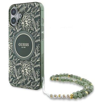 Etui GUESS IML Flowers Allover Electro With Pearl Strap MagSafe do Apple iPhone 16 Plus Zielony