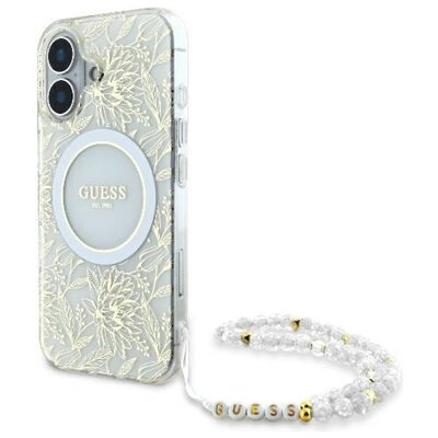 Etui GUESS IML Flowers Allover Electro With Pearl Strap MagSafe do Apple iPhone 16 Plus Biały