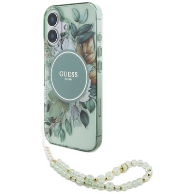 Etui GUESS IML Flowers With Pearl Strap MagSafe do Apple iPhone 16 Plus Zielony